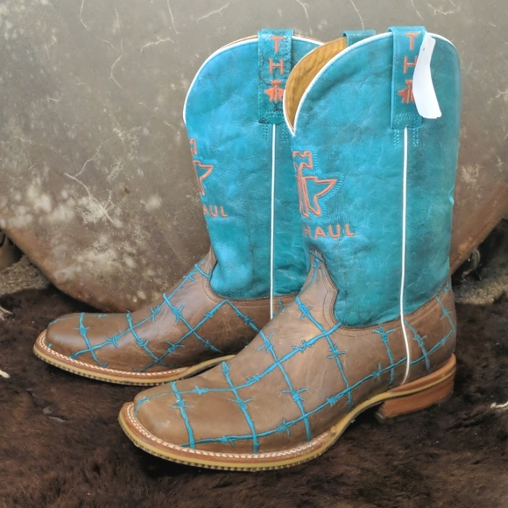 TIN HAUL "Barb'd Wire" turquoise & brown leather square toe cowgirl boots 11 NWT